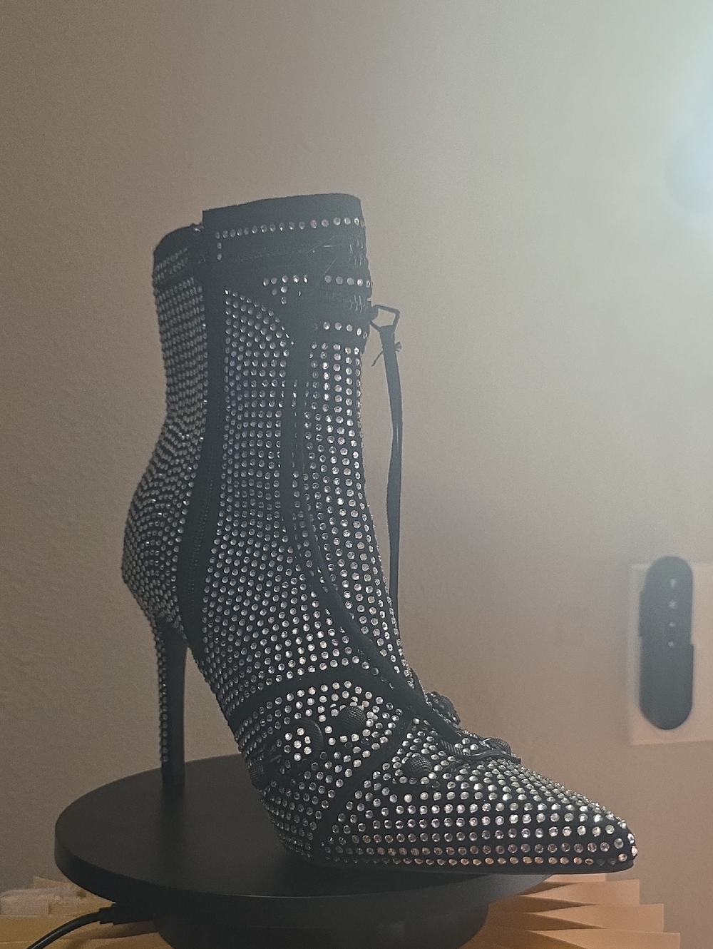 Rouge Helium Black Crystal-Studded Pointed Toe Stiletto Booties
